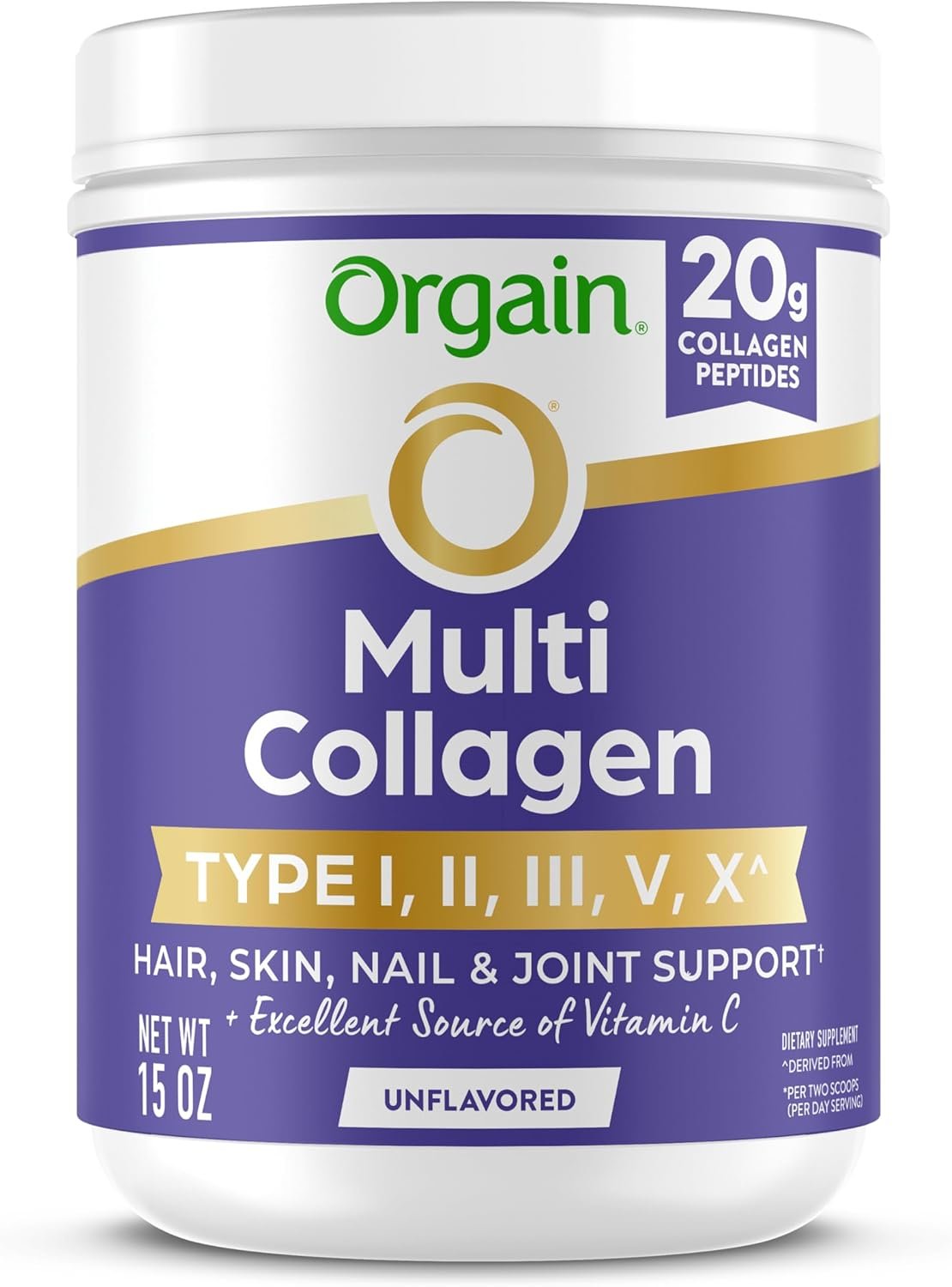 Orgain Hydrolyzed Multi Collagen Powder for Women & Men, 20g Collagen, Supports Hair, Skin, Nail & Joint Health, Type I, II, III, V, X, Vitamin C & Amino Acids, Non-GMO, Unflavored (21 Servings) 15oz