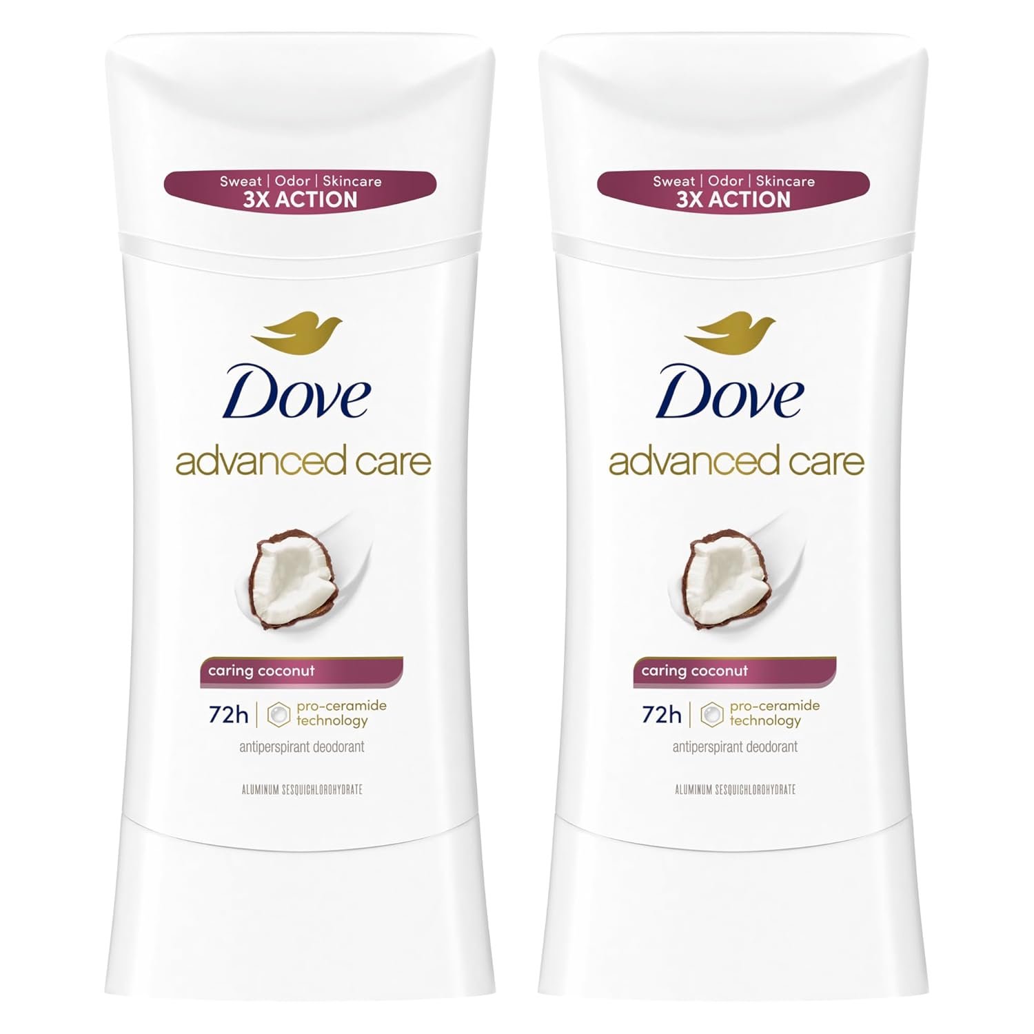 Dove Advanced Care Antiperspirant Caring Coconut, 2 Count Deodorant Stick for Women, for 48 Hour Protection And Soft And Comfortable Underarms, 2.6 oz