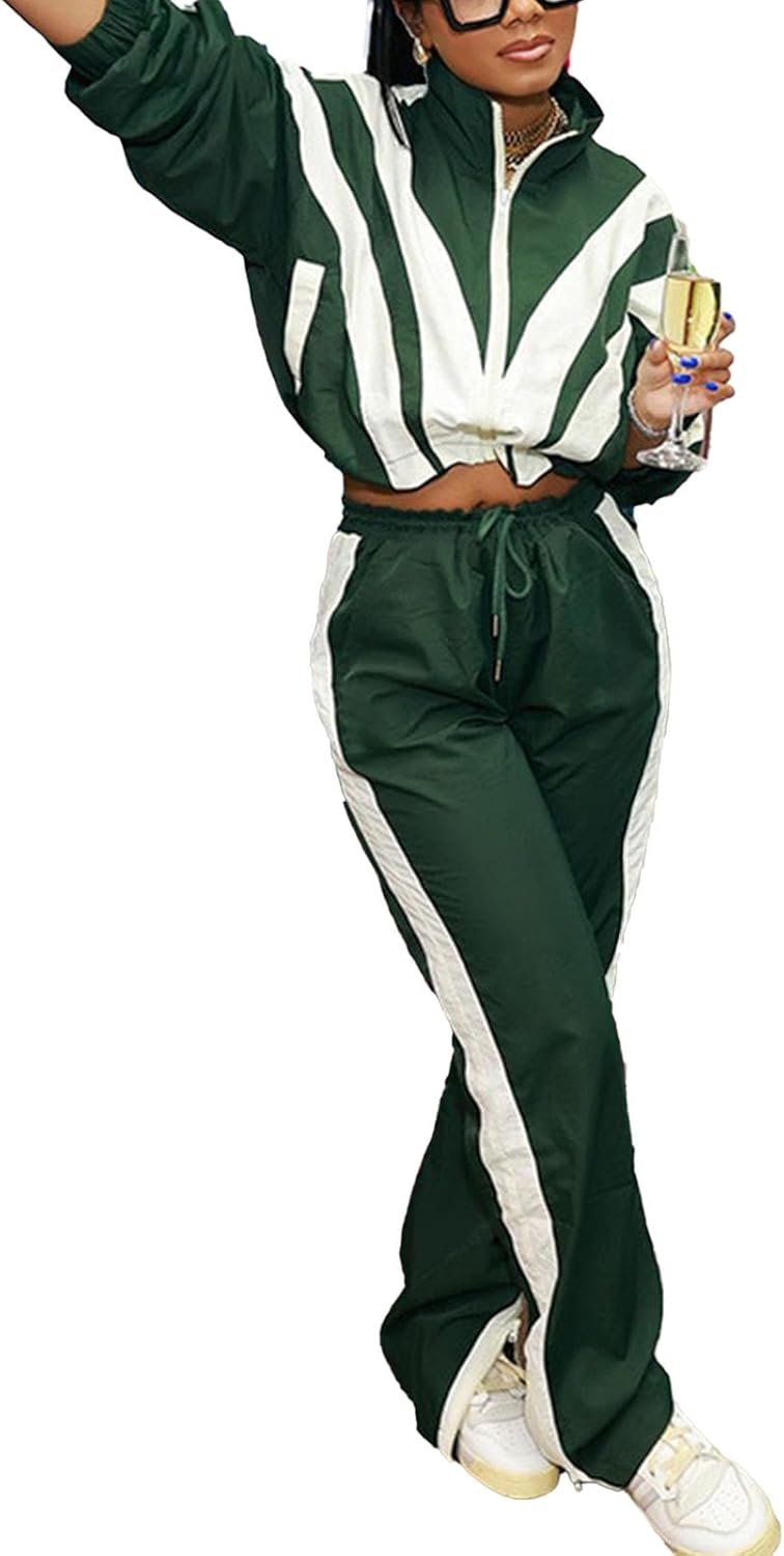 Mandonce 2 Piece Sets for Women Zip up Cropped Sweatshirt and Split Wide Leg Sweatpants Athleisure Sets for Women